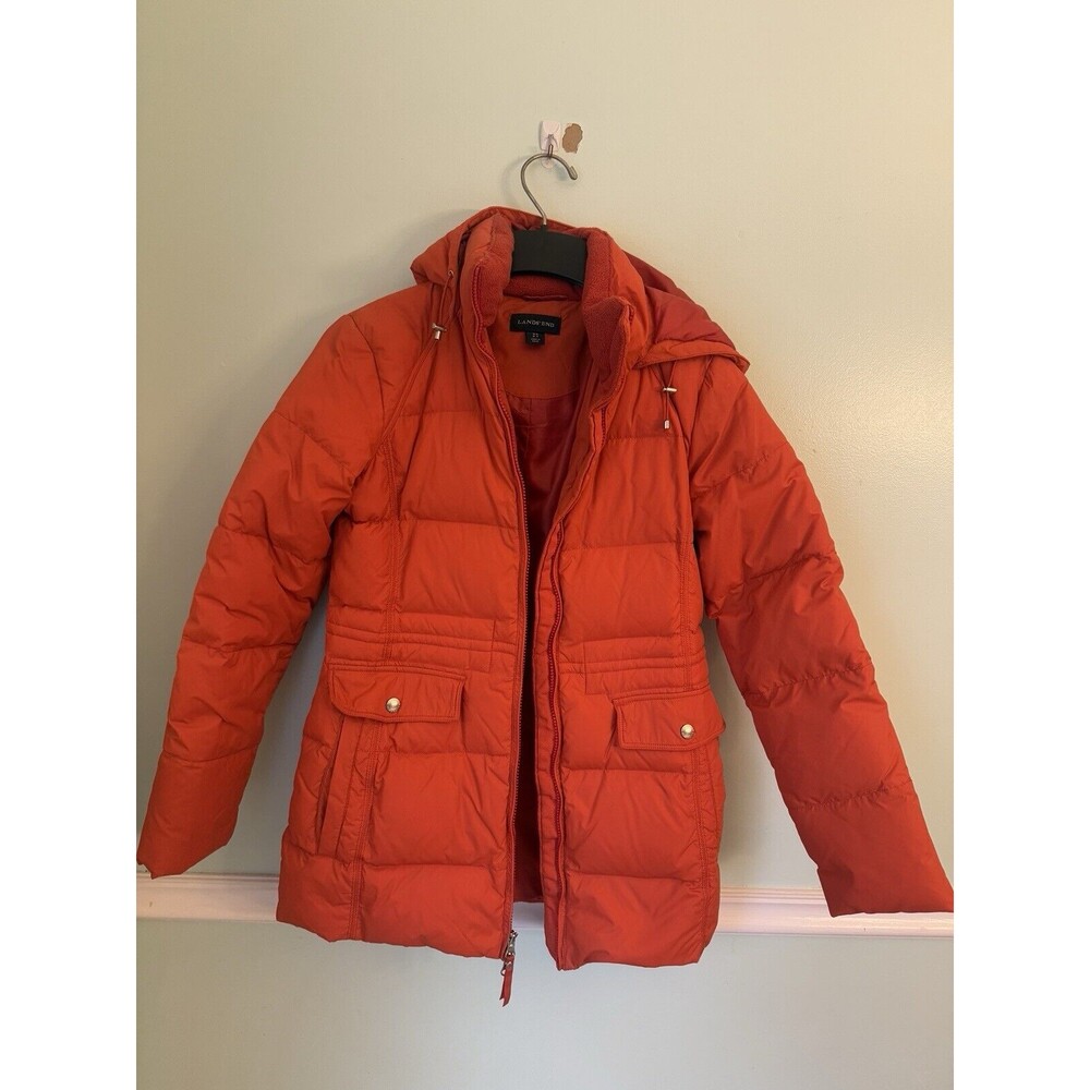 Lands' End XS Orange Puffer Down Feather Women's Jacket‎ Coat Size 2-4 XS Hood